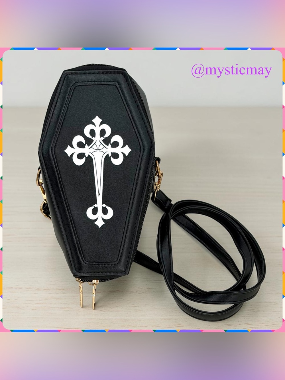 NEW Black Vegan Leather COFFIN SHAPED CROSSBODY BAG w WHITE CROSS Goth Purse